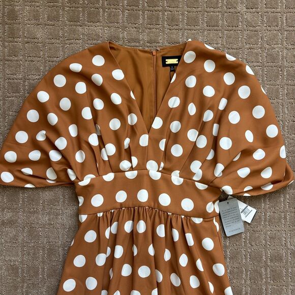 Alexia Admor Polka Dot Draped Midi Fit & Flare Dress Brown Pretty Women Derby - Picture 2 of 11